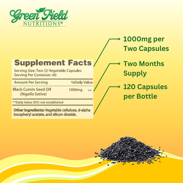 Greenfield Nutritions - Halal Black Seed Oil -1000Mg - Liquid Veggies Capsules - 120 Capsules