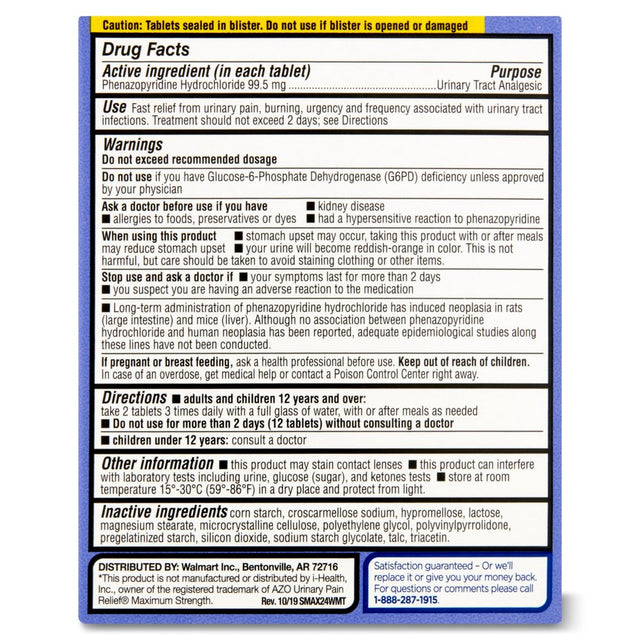 Equate Maximum Strength Urinary Pain Relief Tablets, 99.5 Mg, 24 Count