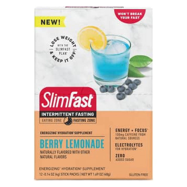 Hydration Packets, Slimfast Intermittent Fasting Electrolytes, Energy Powder Drink Mix, Caffeine from Natural Sources- Berry Lemonade (12 Count)