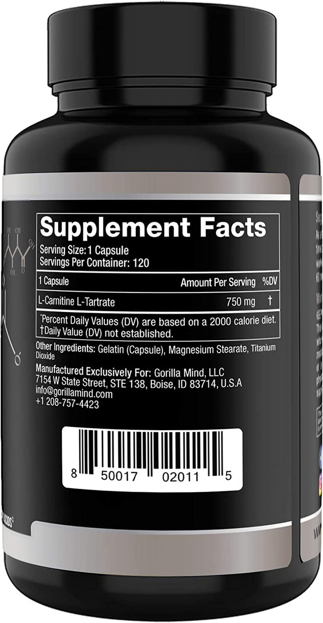 Gorilla Mode AR Carnitine 750Mg Capsules – Androgen Receptor Upregulator/Boosts Cellular Energy, Upregulates Androgen Receptor Density/Shuttles Fatty Acids (120 Capsules)