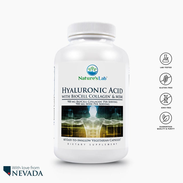 Nature'S Lab Hyaluronic Acid with Biocell Collagen and MSM - 60 Capsules (20 Day Supply) - Skin Hydration, Joint Health*