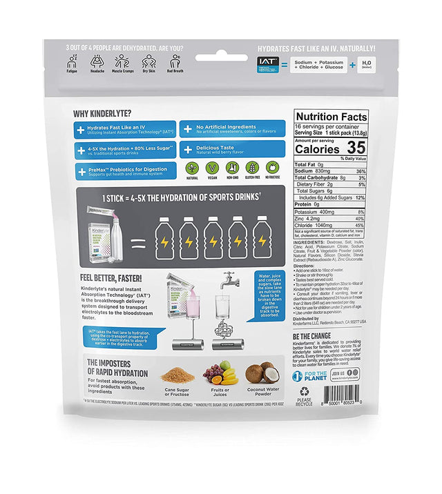 Kinderlyte Electrolyte Powder, Advanced Hydration, Easy Open Packets, Supplement Drink Mix (Wild Berry, 16 Count)