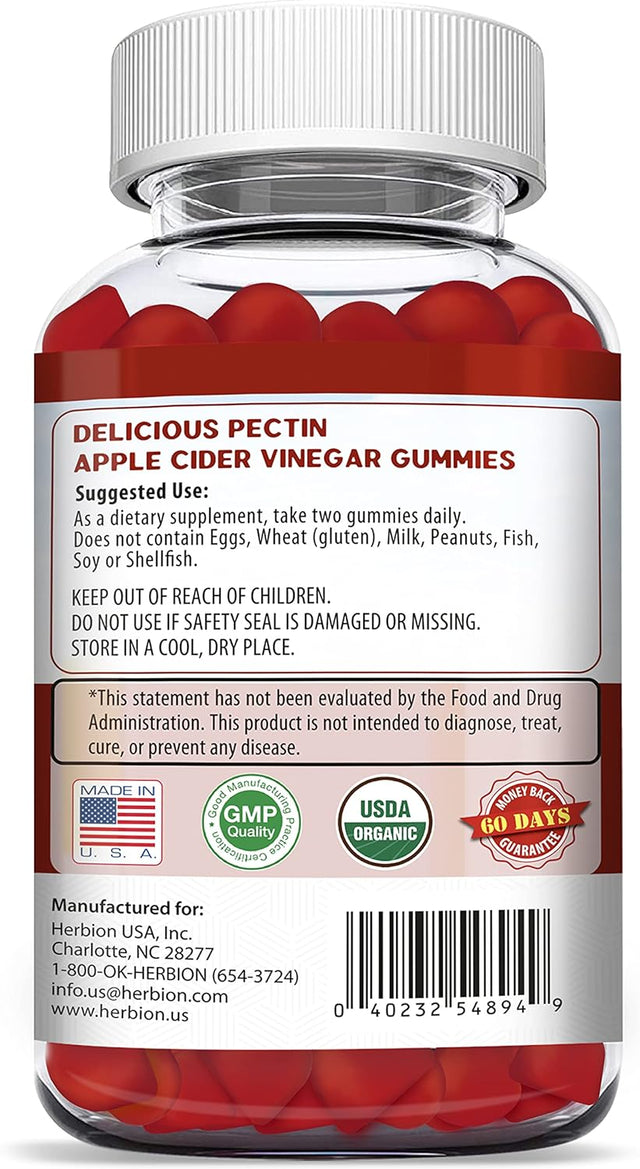 Herbion Naturals Organic Apple Cider Vinegar Gummies with the “Mother”, Digestion and Detox Support, Pectin Based, Vegan, Made in the USA - (Pack of 2, 120 Gummies)