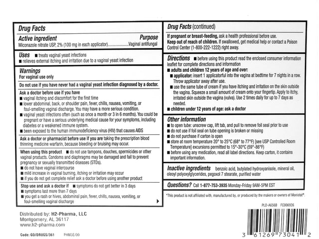 H2 Pharma Miconazole 7 - Miconazole Nitrate 2% Vaginal Cream, 1.59 Oz Tube - Antifungal for Yeast Infection, Relieves Itching