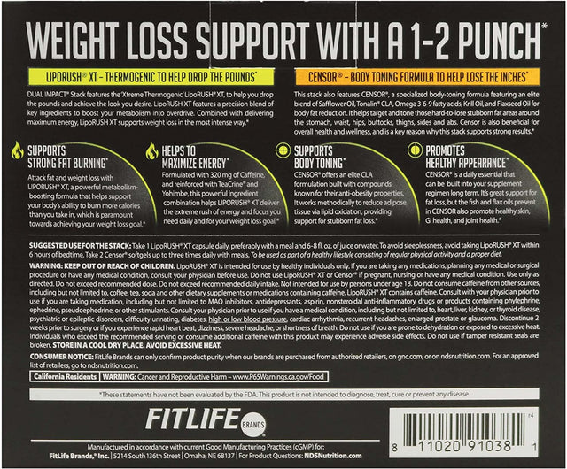 NDS Nutrition Maximum Strength Dual Impact Stack - Complete 2-In-1 Fat Loss Stack Enhanced with Teacrine, L-Carnitine, CLA for Serious Results - Censor 90 Softgels XT 60 Capsules