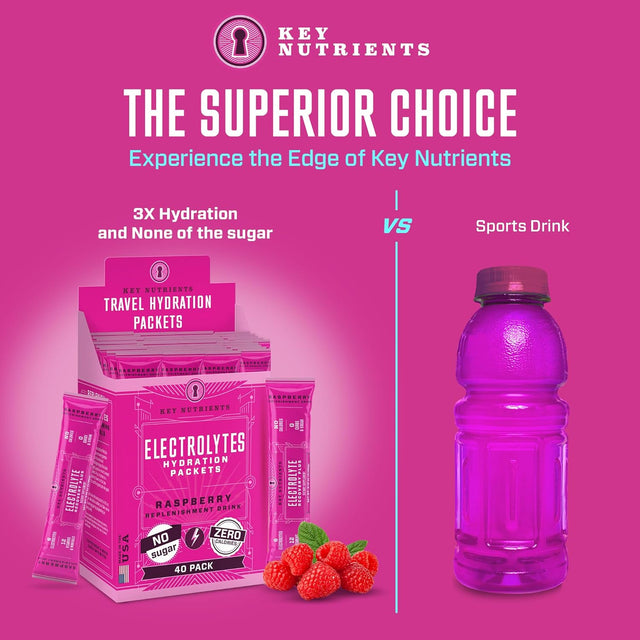 KEY NUTRIENTS Electrolytes Powder Packets - Juicy Raspberry 40 Pack Hydration Packets - Travel Hydration Powder - No Sugar, No Calories, Gluten Free - Made in USA