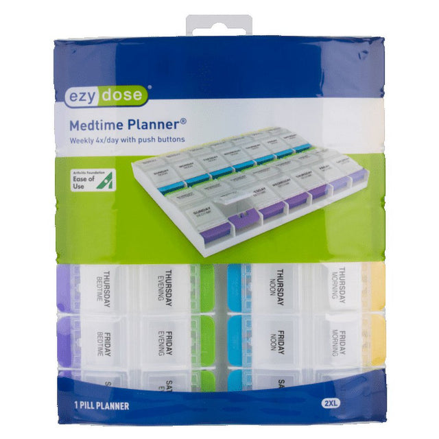 Ezy Dose Weekly (7-Day) Pill Organizer, 4 Times a Day Pill Planner, Push Button Compartments (2XL)