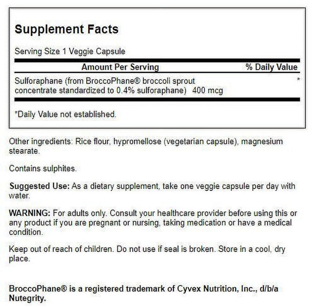 Swanson Herbal Supplements Sulforaphane from Broccoli Sprout Extract 400 Mcg Veggie Capsule 60Ct