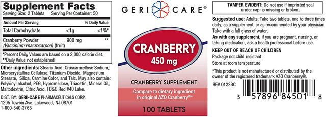 Gericare Cranberry Pills 450MG, Supports Urinary Tract Health (100 Count)