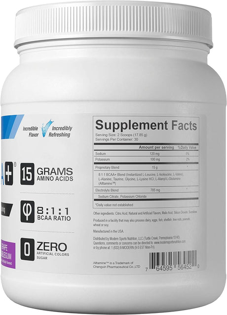 Modern BCAA+ Original Branched Chain Amino Acid Powder Grape | Sugar Free Post Workout Muscle Recovery & Hydration Drink with 15G Amino Acids and 8:1:1 BCAA Ratio for Men & Women | 30 Servings