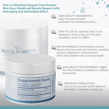 Pearl Powder Dietary Supplement from Freshwater Pearls - 100 Grams (80 Servings), NON-GMO