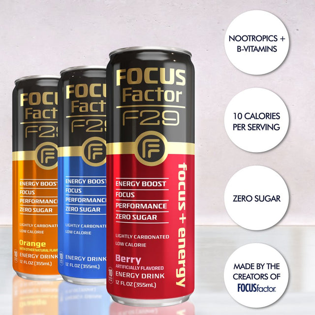 Focus Factor F29 Nootropic Focus + Energy Drink (Multipack - Blue, Orange, Berry) – Pack of 15 – Lightly Carbonated, Sugar Free Nootropic Beverage with Vitamin B6 & Vitamin B12