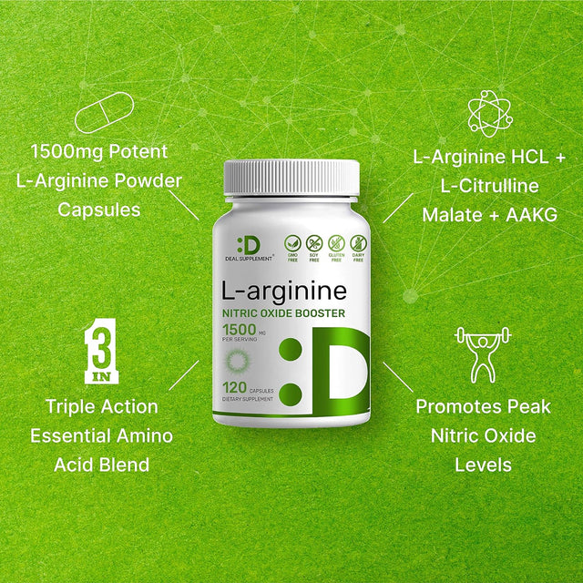 L-Arginine 1500 Mg, 120 Capsules, 3-1 Support, Arginine HCL, AAKG & L-Citrulline, Nitric Oxide Booster, Extra Strength L-Arginine Supplement