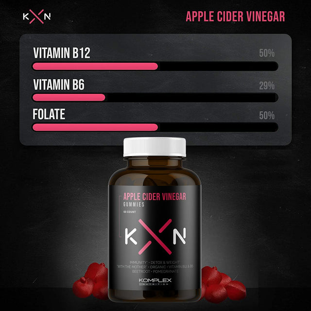 Komplex Nutrition Apple Cider Vinegar Gummies, Improve Digestion, Detox, 1000Mg ACV Powder with Mother, 60 Vegan and Gluten-Free Supplement Gummies (ACV GUM)