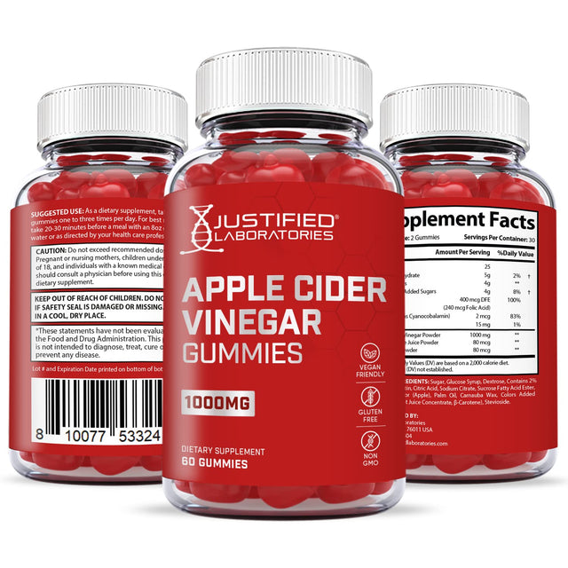 Justified Laboratories (5 Pack) Apple Cider Vinegar Gummies 1000MG ACV with Pomegranate Juice Beet Root B12 300 Gummys