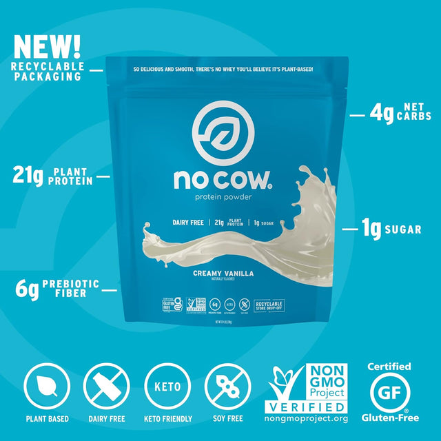 No Cow Vegan Protein Powder, Vanilla, 21G Plant Based Protein, Recyclable Bag, Dairy Free, Soy Free, No Sugar Added, Keto Friendly, Gluten Free, Naturally Sweetened, Non GMO, Kosher, 1.74 Pound