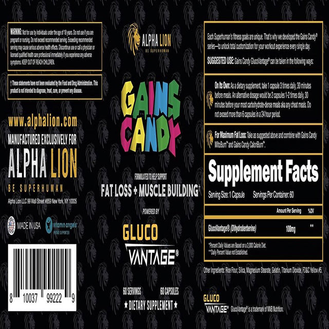 Alpha Lion Gains Candy, Upgrade Workout Performance & Endurance, 60 Capsules DHB Berberine - Glucovantage