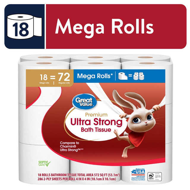 Great Value Ultra Strong Toilet Paper, 18 Mega Rolls