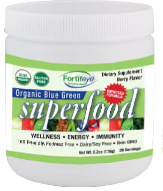 Improved Fortifeye Organic Blue Green Superfood Supplement Powder - Raw, Vegan, Paleo, Gluten Free, Green Superfood Powder - Berry Flavor, 20 Servings per Container