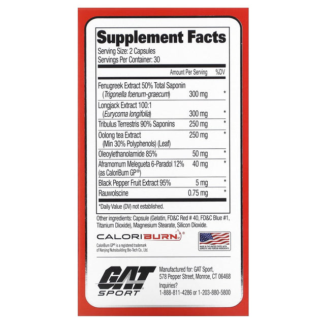 GAT Testrol Fire, Testosterone Booster, Thermogenic, 60 Capsules