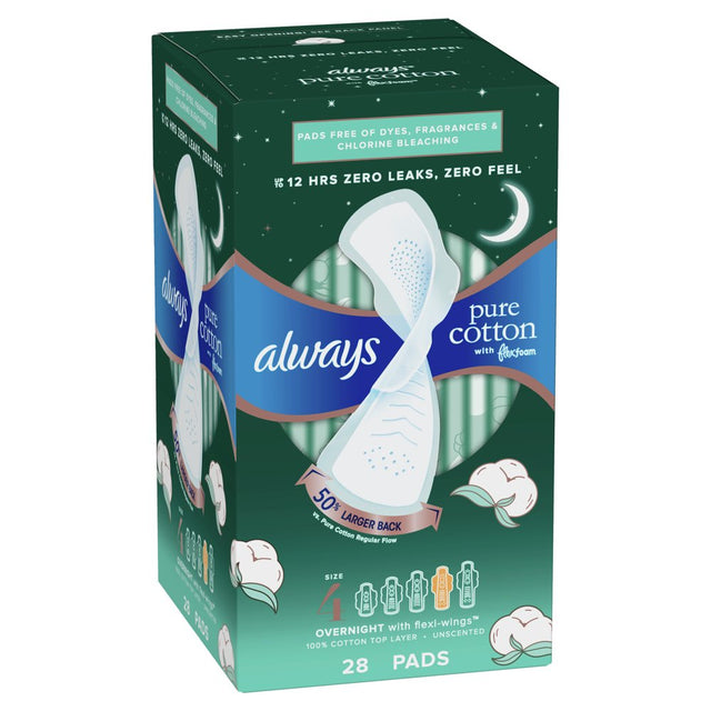 Always Pure Cotton Feminine Pads with Wings, Size 4, Overnight Absorbency, 28 CT