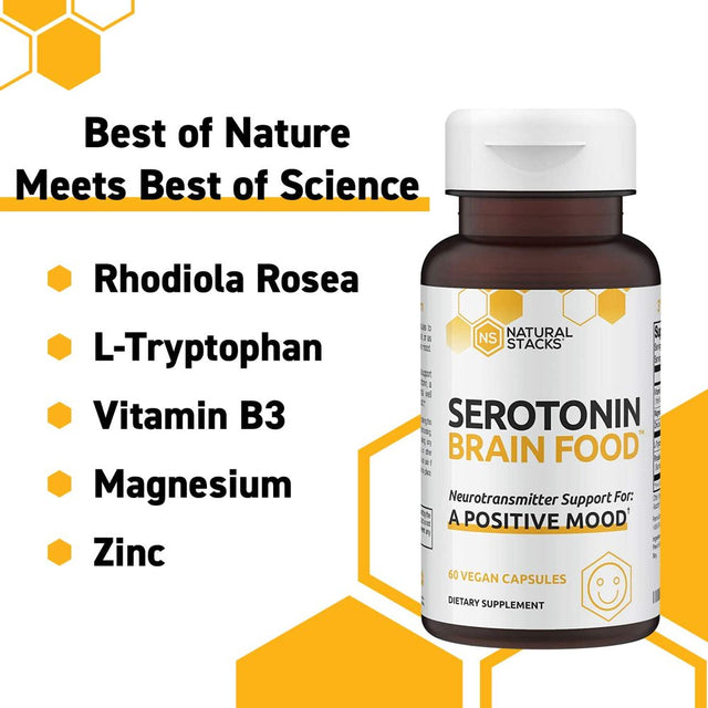 NATURAL STACKS Serotonin Brain Food W/ L-Tryptophan & Rhodiola Rosea - Mood Support Supplement - Promotes Positive Mood, Calmness, Stress Relief - Happy Mood & Brain Support Supplement - 60 Capsules
