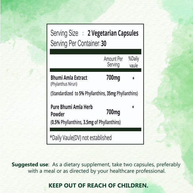 High Potency Bhumi Amla (Phylanthus Niruri) - 700 Mg per Vegetarian Capsule with Standardized Extract of 5% Phyllanthins for Liver Cleanser, Gall Bladder Support and Stone Breaker- 1 Months Supply