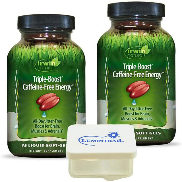 Irwin Naturals Triple Boost Caffeine-Free Energy Supplement 75 - Liquid Softgels (2-Pack) Bundle with a Lumintrail Pill Case