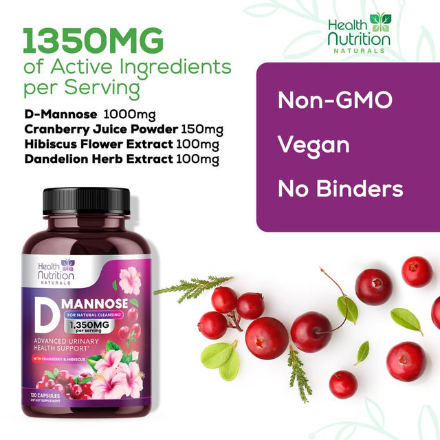D-Mannose & Cranberry Extract 1350Mg, Fast-Acting to Support Natural Urinary Tract Health for Women & Men, Non-Gmo & Vegan, Flush Impurities in Urinary Tract & Bladder - 120 Capsules