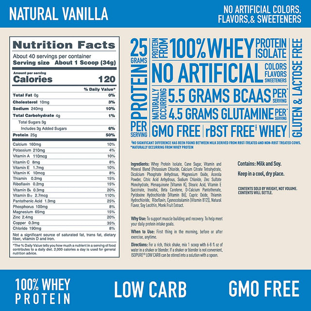 Isopure Low Carb Protein Powder, Vanilla, 3 Lb (1.36 Kg)