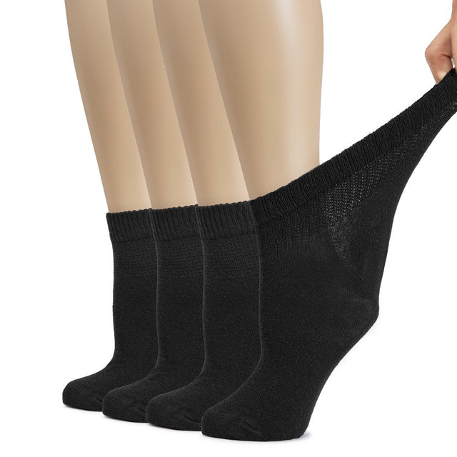 HUGH UGOLI Women'S Cotton Diabetic Ankle Socks, Wide, Thin, Loose Fit and Stretchy, Seamless Toe & Non Binding Top, 4 Pairs, Black, Shoe Size: 6-9