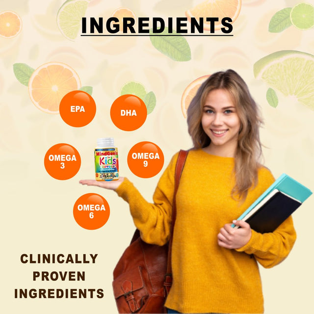 Mindgenix Kids Brain Focus Supplements for Kids & Teens, Kids Omega 3 Brain Booster Nootropic Supplement Focus Softgels 60Ct