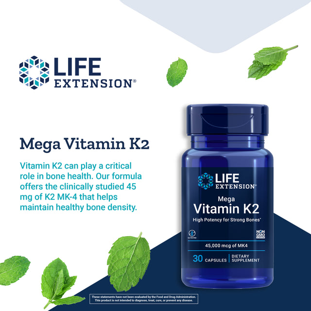 Life Extension Mega Vitamin K2, 45000 Mcg (45 Mg) - High Potency for Strong Bones, Clinically-Studied Dosage Promotes Healthy Bone Density - Gluten-Free, Non-Gmo - 30 Capsules