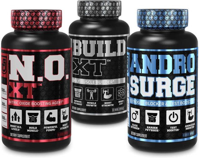 Jacked Factory N.O. XT Nitric Oxide Supplement, Build-Xt Muscle Builder, & Androsurge Estrogen Blocker for Men