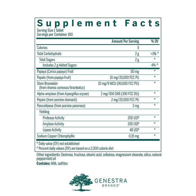 Genestra Brands Bio Enzymes | Complete Digestive Enzymes Formula in Chewable Tablets | 100 Chewable Tablets | Natural Peppermint Flavor
