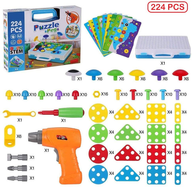 Gara Kids Construction Toy Set, 224 Pcs Peg Board Puzzle STEM Building Toy, 2-In-1 Preschool Learning Creative Toys, Take Apart Toy with Electric Drill for Children 3-10 Years Old