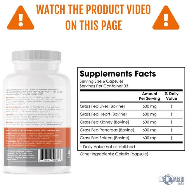 Grass Fed Beef Organs – (200 Count) Liver, Heart, Kidney, Pancreas, Spleen Supplement. Organ Meat Complex Sourced from New Zealand