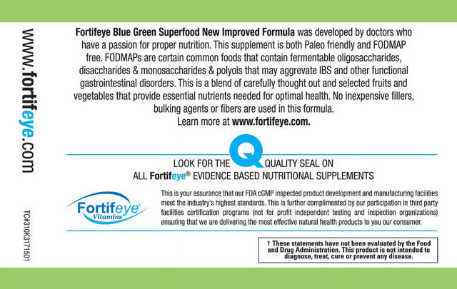 Improved Fortifeye Organic Blue Green Superfood Supplement Powder - Raw, Vegan, Paleo, Gluten Free, Green Superfood Powder - Berry Flavor, 20 Servings per Container