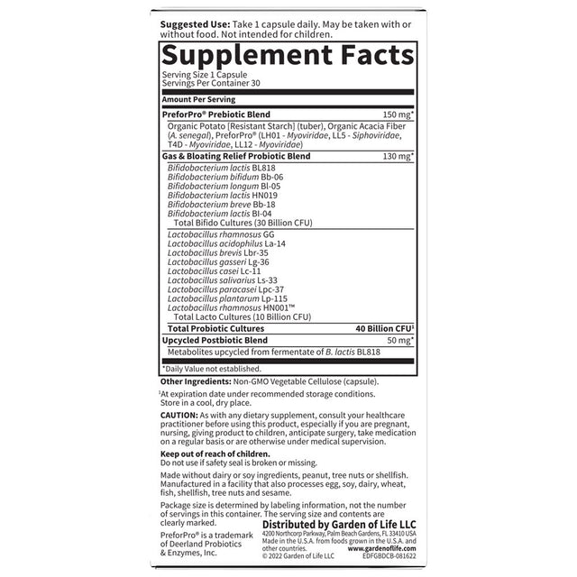 Garden of Life Gas & Bloating Relief Probiotic Capsules - 30Ct