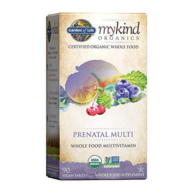 Garden of Life Organic Prenatal Multivitamin Supplement with Folate - Mykind Whole Food Prenatal Vitamin, Vegan, 90 Tablets - Packaging May Vary