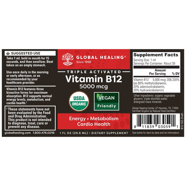 Global Healing Liquid Vitamin B12, Organic Energy Supplement Drops, 5000Mcg, 1 Fl Oz
