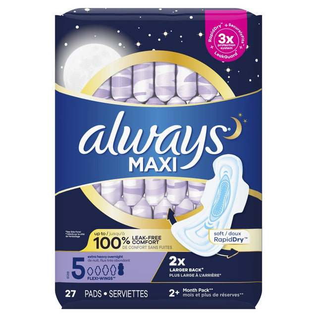 Always Maxi Pads with Wings, Size 5, Extra Heavy Overnight Absorbency, 27 CT