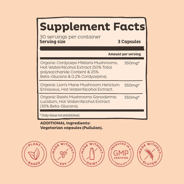 KOS Organic Mushroom Complex (Cordyceps, Lion'S Mane, Red Reishi) Capsules, 1650 Mg, 90 Count