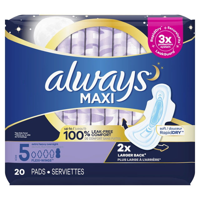 Always Maxi Overnight Pads with Wings, Size 5, Extra Heavy Overnight, Unscented, 20 Count