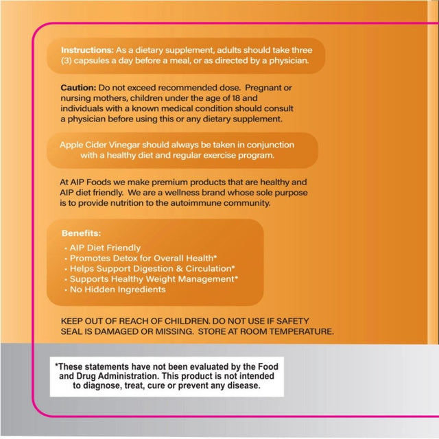 AIP Diet Supplement | Raw Apple Cider Vinegar 1500Mg Supplement with Mother | Gluten Free | AIP Foods