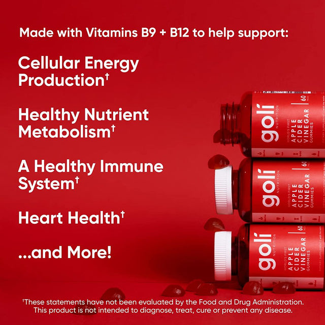 Goli Nutrition Apple Cider Vinegar Gummies, with Apple Cider Vinegar Powder, 60 Count