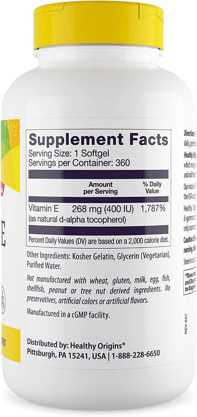 Healthy Origins Vitamin E 400 IU (Natural, Non-Gmo, Gluten Free, Skin Support, Cardiovascular Support), 360 Softgels