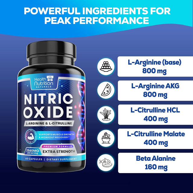 Extra Strength Nitric Oxide Supplement L Arginine 3X Strength - Citrulline Malate, AAKG, Beta Alanine - Premium Muscle Supporting Nitric Booster for Energy & Strength to Train Harder - 60 Capsules