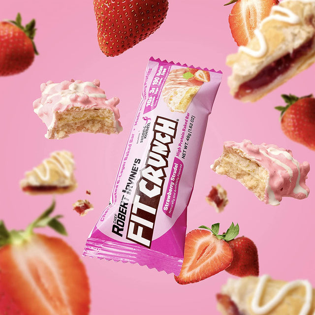FITCRUNCH Snack Size Protein Bars, Designed by Robert Irvine, 6-Layer Baked Bar, 3G of Sugar, Gluten Free & Soft Cake Core (9 Bars, Strawberry Strudel)