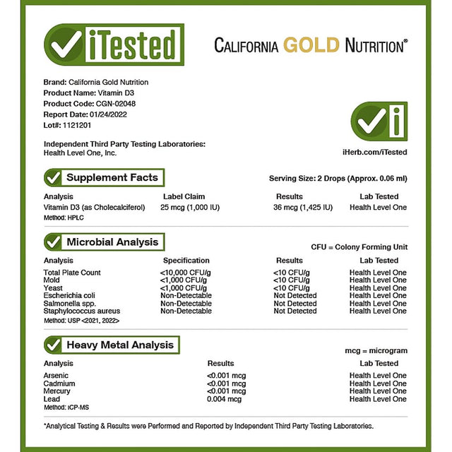 California Gold Nutrition Vitamin D3, 25 Mcg (1,000 IU), 1 Fl Oz (30 Ml)